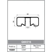 Kare Küpeşte Profil Orta Kanallı 60 x 25 - 1,6 mm